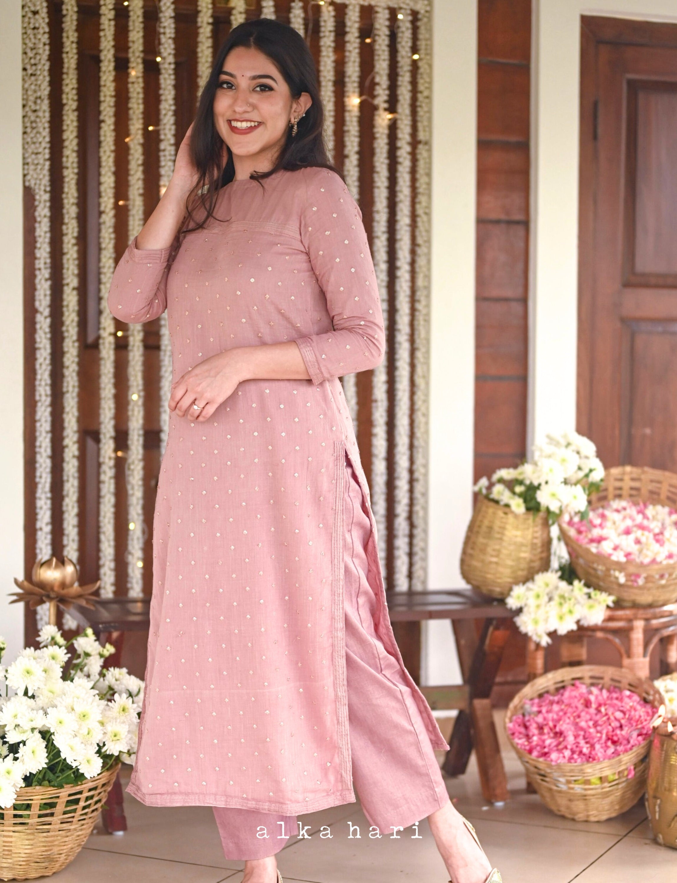 Nude Embroidered Mul Kurta